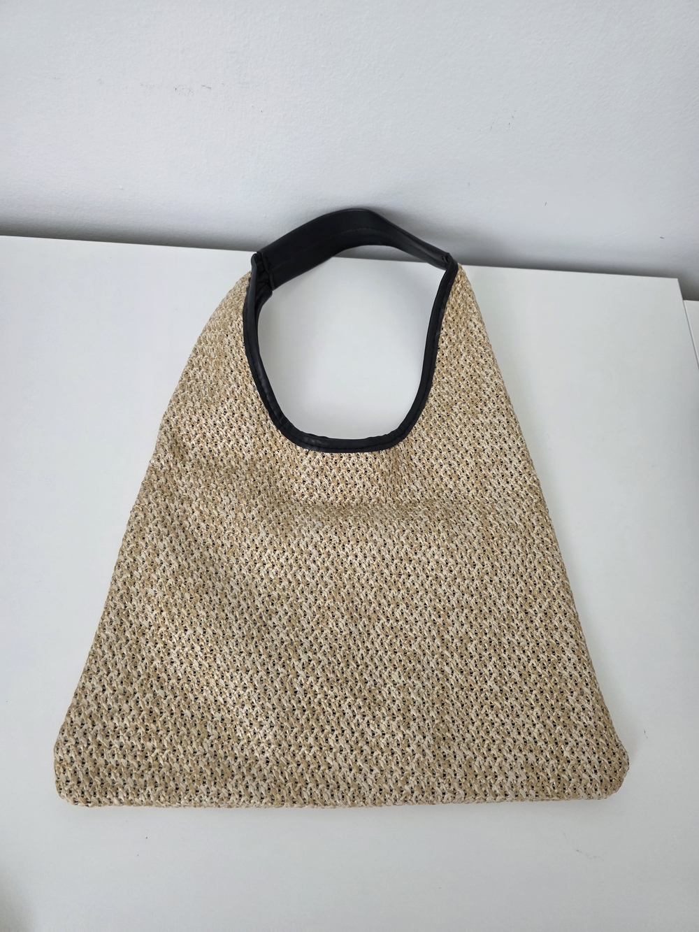 Woven Straw Tote Bag with Black Trim